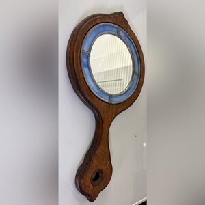 Stained Glass Hand Held Wood Wooden Mirror Vintage Blue Folk Art Handcrafted